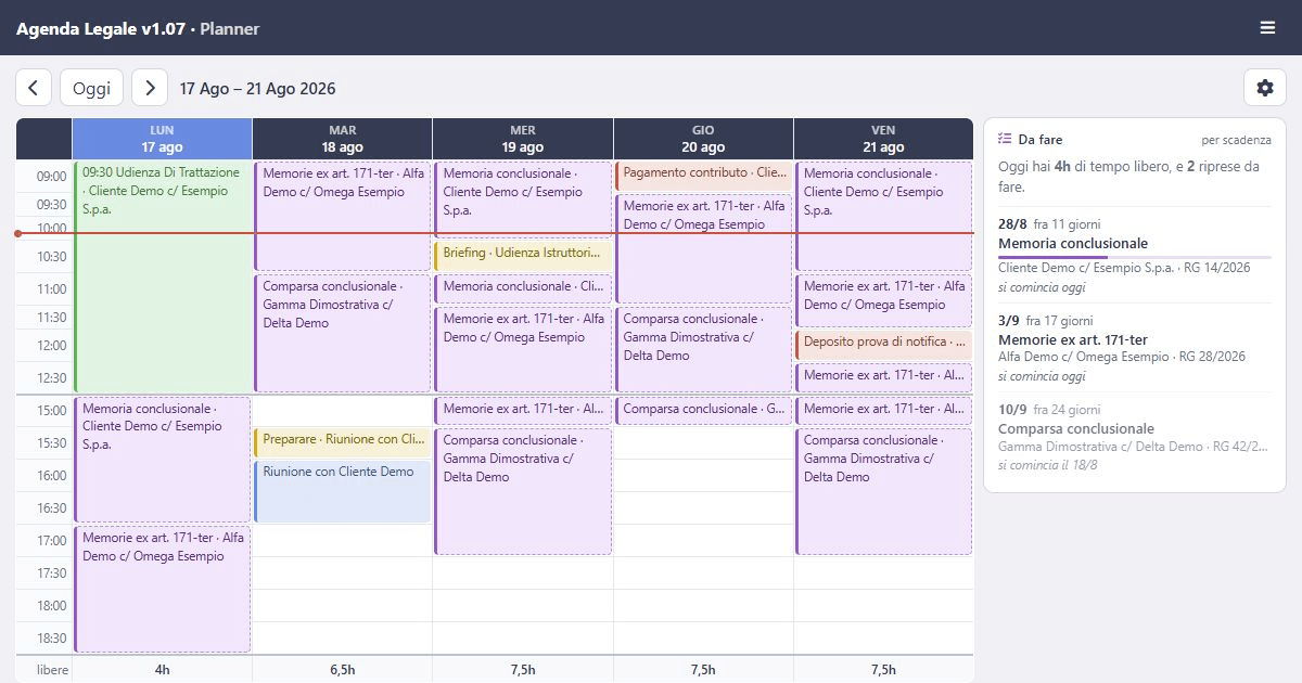 Schermata dimostrativa del modulo Planner di Agenda Legale